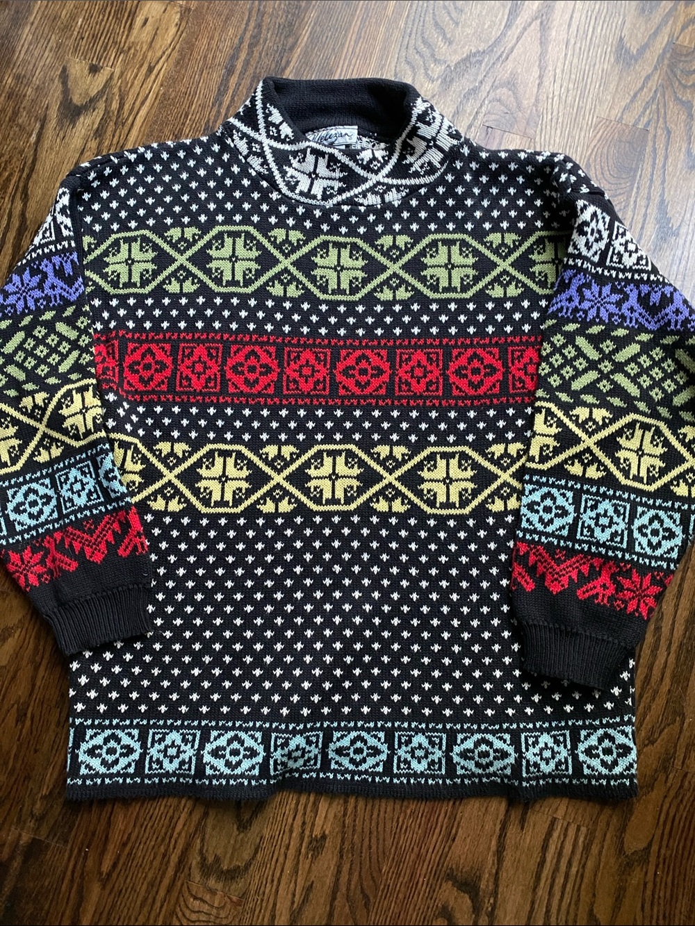 Vintage Designer 80s Black Sweater with Red, Yellow, Green, Blue, Purple Accents